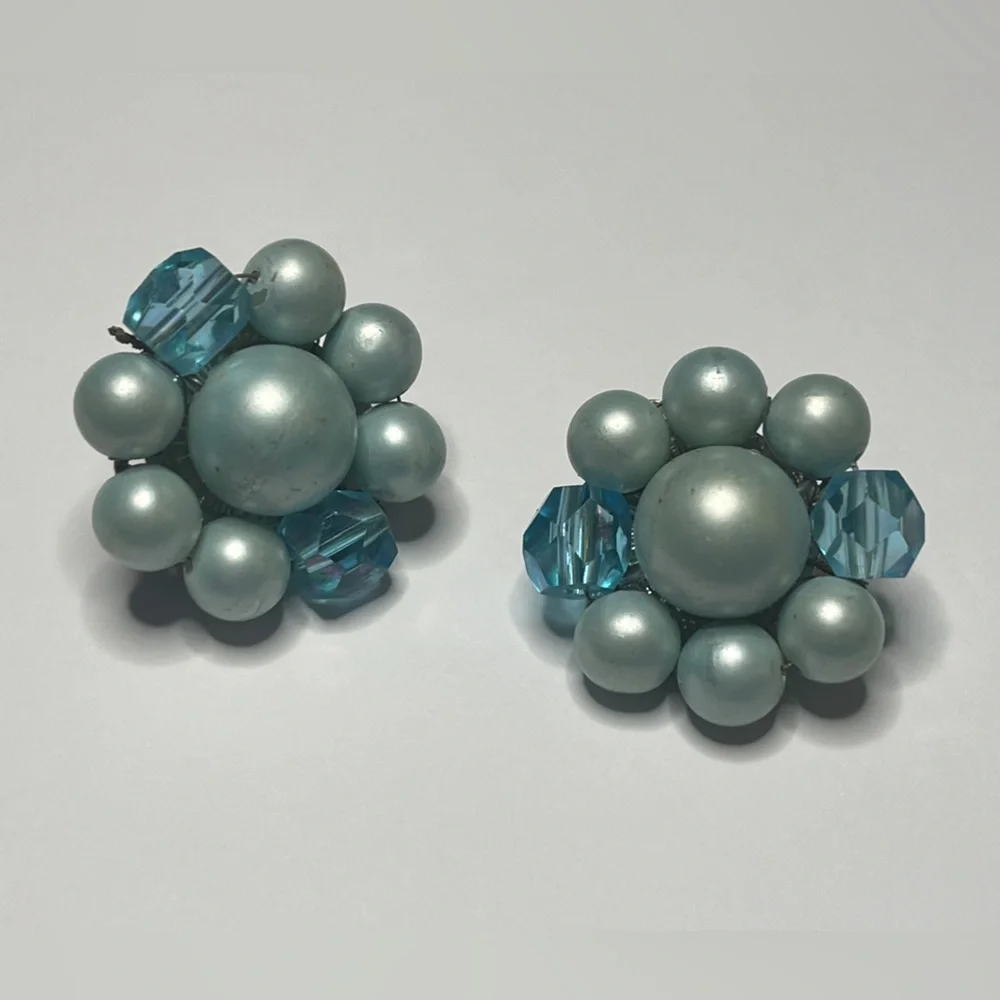Vintage clip earrings marked Japan lot of 3 pairs blue beaded gold silver gift - Picture 9 of 15